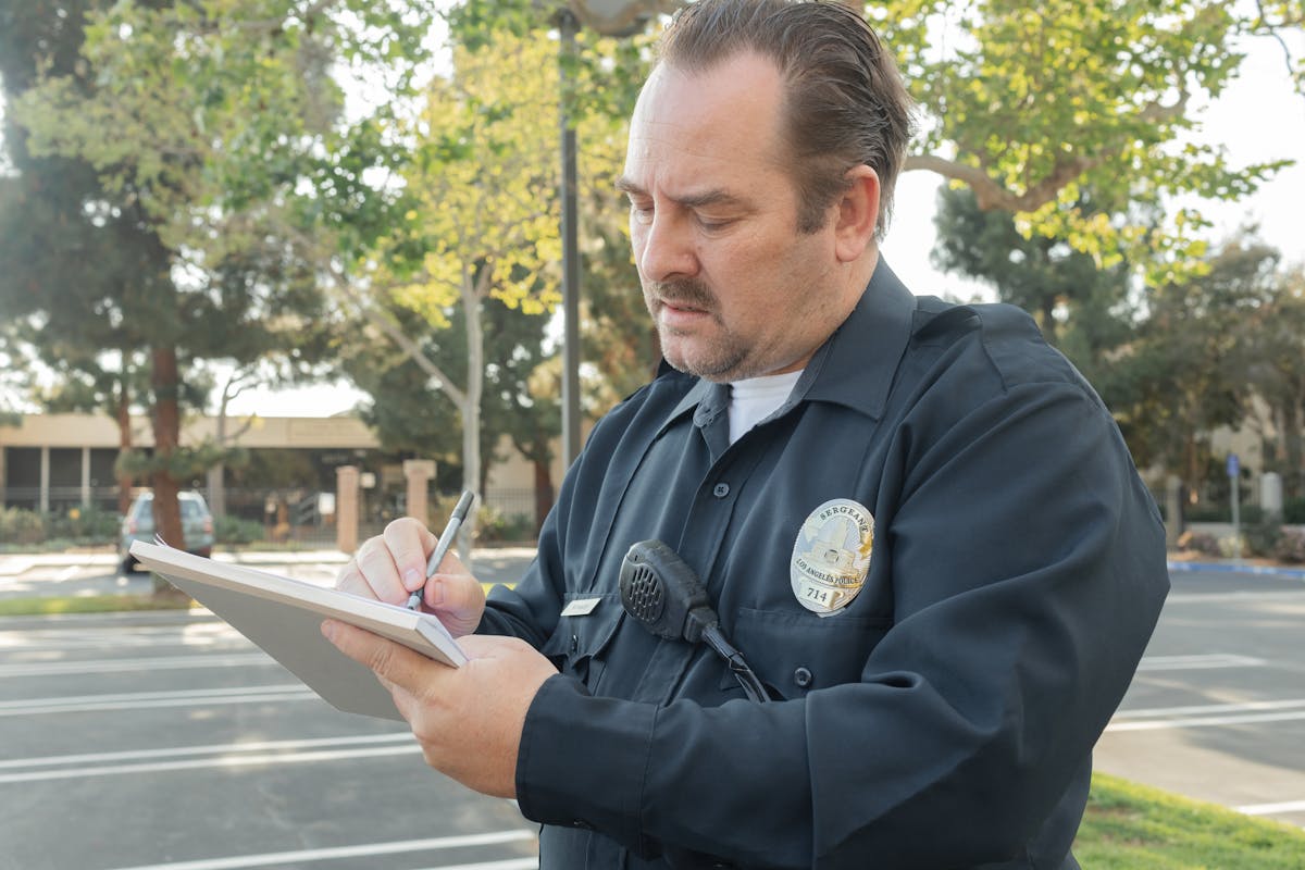 A sheriff writing in a notebook, representing the process of serving legal papers